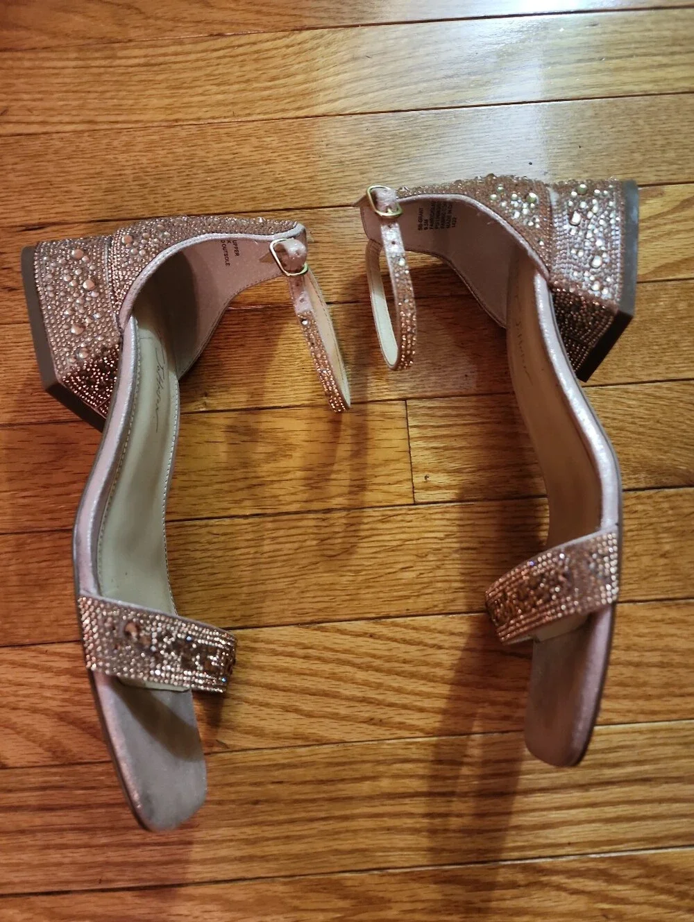 Betsy Johnson Grant Rose Gold Crystal Embellish Ankle-Strap Block Heel Sandals